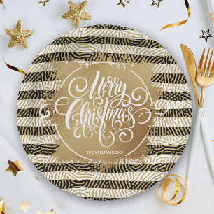 Gold Frohe Weihnachten Schwarz Weiß Streifen Pappteller