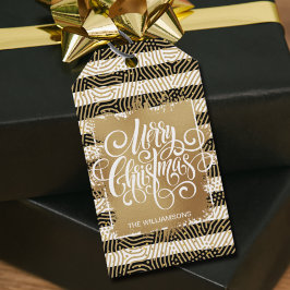 Gold Frohe Weihnachten Schwarz-weiße Streifen Geschenkanhänger