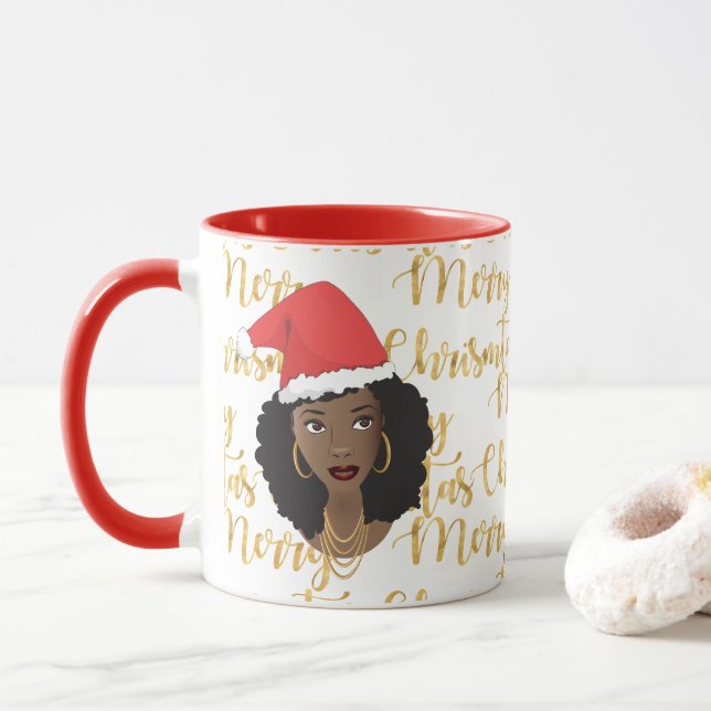 Gold Frohe Weihnachten, Schwarze Frau, Rote Weihna Tasse (Mit Donut)
