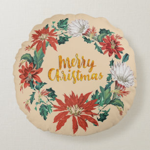 Gold Frohe Weihnachts-Blume Wreath auf Beige Rundes Kissen