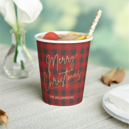 Gold Frohe Weihnachts Buffalo Karo Personalisiert Pappbecher