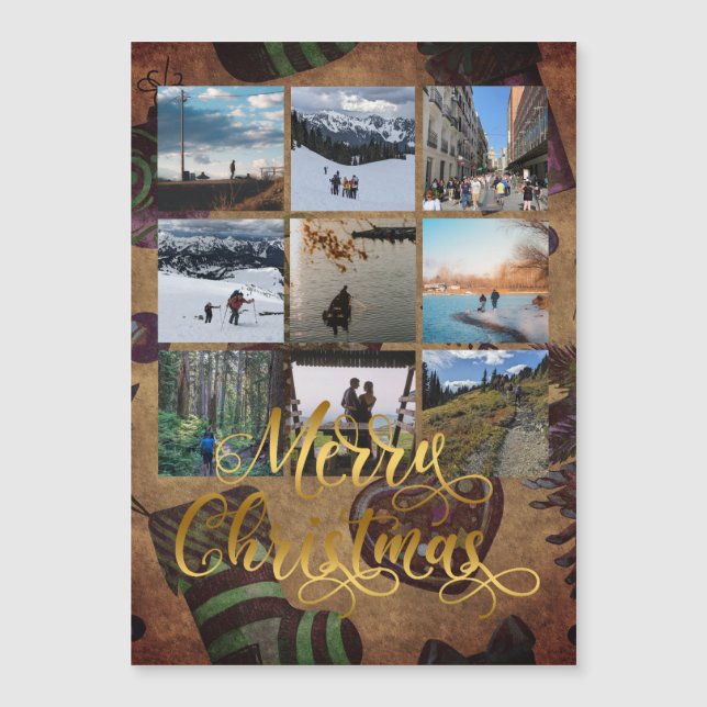 Gold Frohe Weihnachts Foto Collage Geschenk Magnet (Vorderseite)