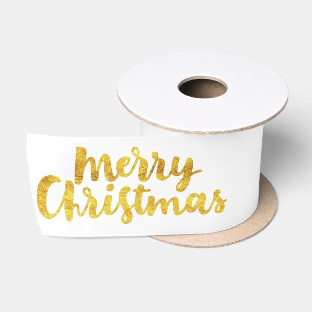 Gold Frohe Weihnachts-Script-Kalligrafie auf weiß Satinband (Spule)
