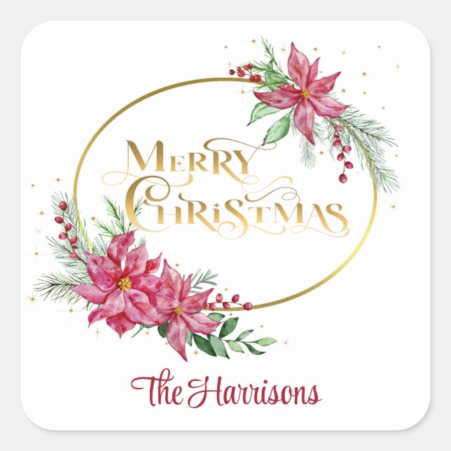 Gold Frohe Weihnachtstext mit Poinsettias und Pine Quadratischer Aufkleber (Vorderseite)
