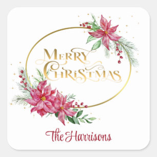 Gold Frohe Weihnachtstext mit Poinsettias und Pine Quadratischer Aufkleber