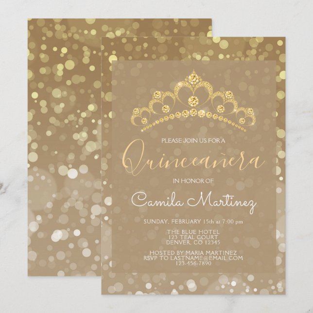 Gold Funkelnd Confetti Quinceanera mit Tiara Einladung (Vorne/Hinten)