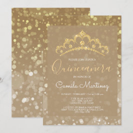Gold Funkelnd Confetti Quinceanera mit Tiara Einladung