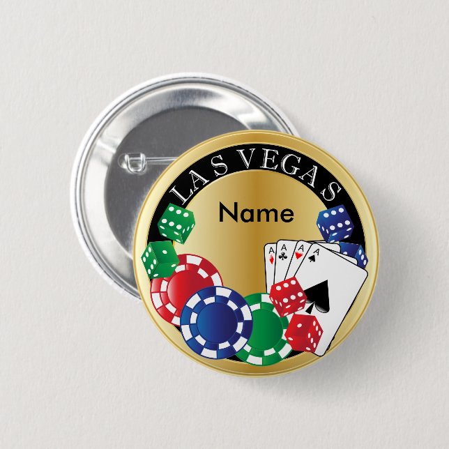 Gold Gambler Las Vegas - Würfel, Karten, Poker Chi Button (Vorne & Hinten)