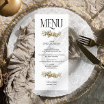 Gold Garland Holly and Ornaments Weihnachtsfeier Menükarte<br><div class="desc">Weihnachts-Hochzeitsmenü mit voll bearbeitbaren Abendkursen und Menüpunkten. Das Design besticht durch elegante Typografie und festliche Gärten aus heiligen und goldenen Urlaubsornamenten. Für die Koordinierung von Einladungen, Schreibwaren und Dekorationen während der Veranstaltung, schauen Sie bitte in der Holly Bells Wedding Collection nach oder schreiben Sie mir, um zusätzliche Artikel hinzuzufügen, die...</div>