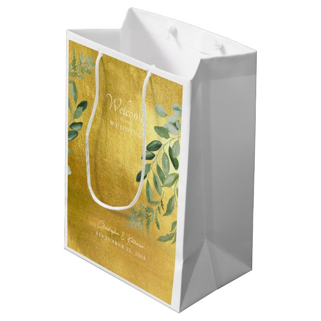 Gold Gastgeschenk Hochzeit Willkommensfolien Mittlere Geschenktüte (Rückseite Schrägansicht)