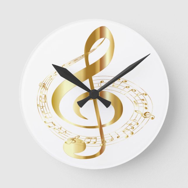 Gold Gclef On White Wall Clock Runde Wanduhr (Vorderseite)