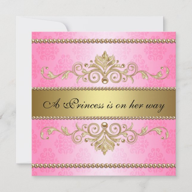 Gold Geblüht Muster Pink Girl Babydusche Einladung (Vorderseite)