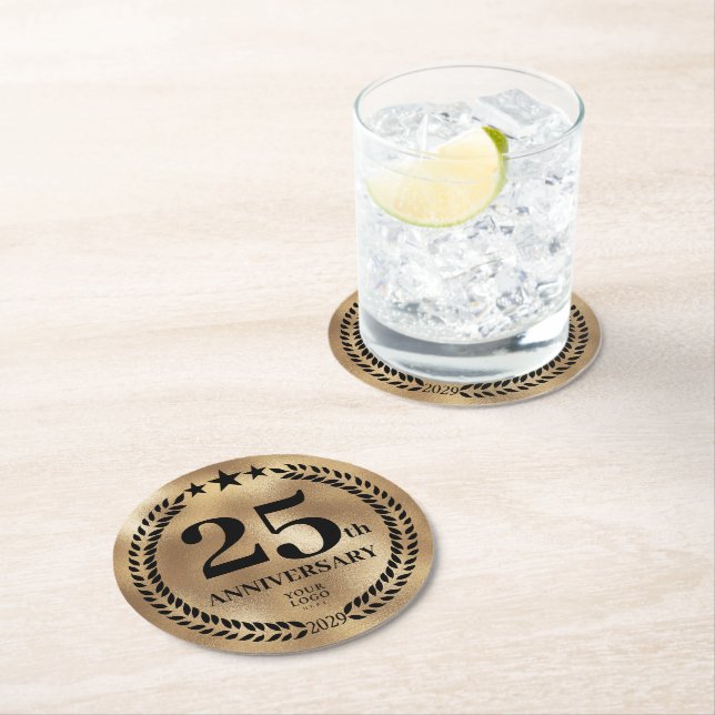 Gold-Gedenklogo zum 25. Jubiläum Runder Pappuntersetzer (Vor Ort)