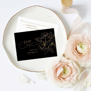 Gold geflochtene Blüte auf Black & Gold w Meal UAW RSVP Karte