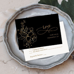 Gold geflochtene Blüte auf Black & Gold w Meal UAW RSVP Karte