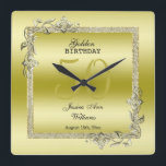 Gold Gem & Glitter 50th Golden Birthday Quadratische Wanduhr<br><div class="desc">Glamorous and elegant posh 50th Golden Birthday wall clock with stylish gold gem gem stone jewels corner decorations and matching colored glitter border frame. A romantic design for your celebration. All text, machen and machen color is fully customizable to meet your requirements. If you would like help to customize your...</div>