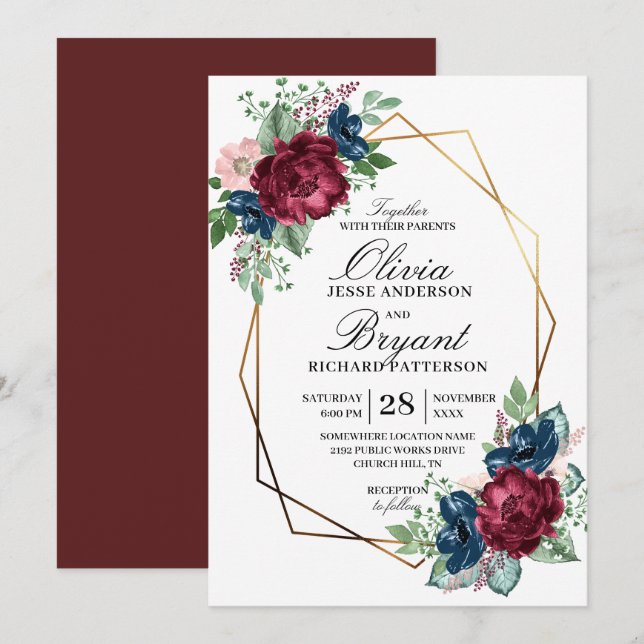 Gold Geo Navy Burgundy Floral Wedding Einladung (Vorne/Hinten)