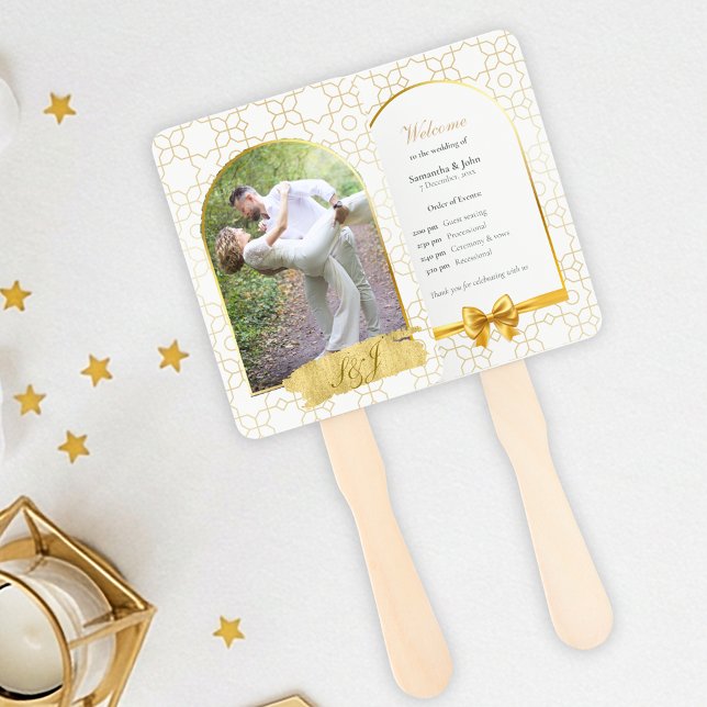 Gold Geometric Arch Wedding Ceremony Fan Program Fächer (Gold & Ivory Geometric Art Deco Wedding Program Fan)