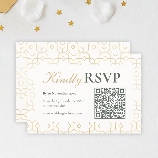 Gold Geometric Arch Wedding RSVP with QR Code Karte (Gold & Ivory Geometric Art Deco Wedding Kindly RSVP with Barcode)
