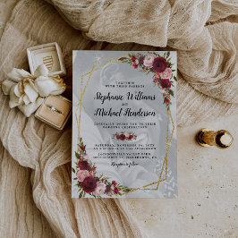 Gold Geometric Burgundy Floral Photo Wedding Einladung
