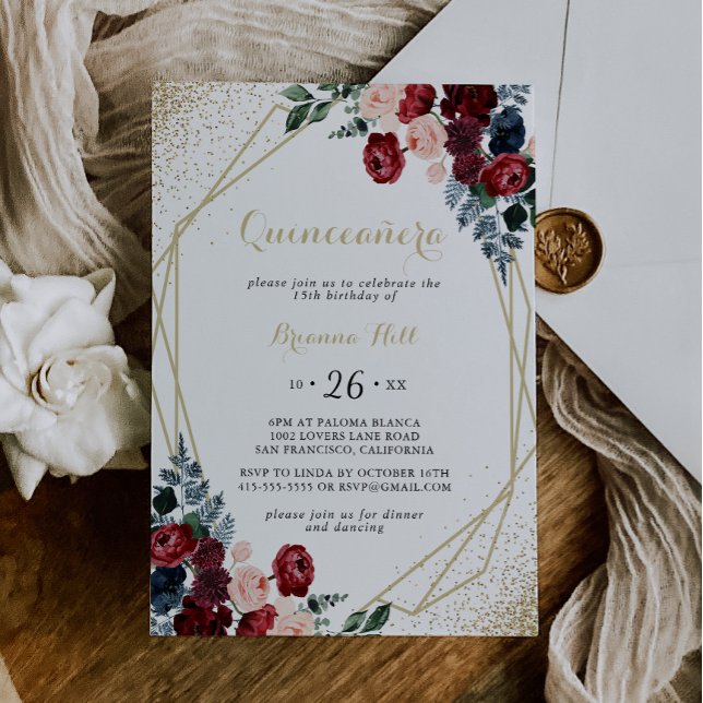 Gold Geometric Burgundy Navy Floral Quinceañera Einladung (Von Creator hochgeladen)