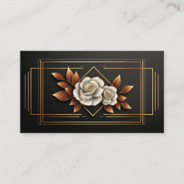 Gold Geometric White Rose Floral Midnight Black Visitenkarte
