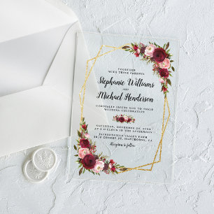 Gold Geometrische Burgunderrote Florale Hochzeit Acryleinladungen