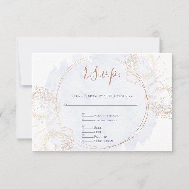 Gold Gilded Rose auf Dusty Blue RSVP Karte (Vorderseite)