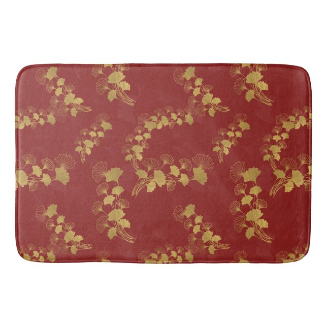 Gold Gingko Balboa Blätter auf dunkelrotem Hinterg Badematte (Vorderseite)