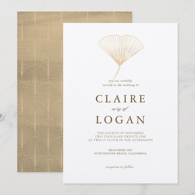 Gold Ginkgo Leaf White Wedding Einladung (Vorne/Hinten)