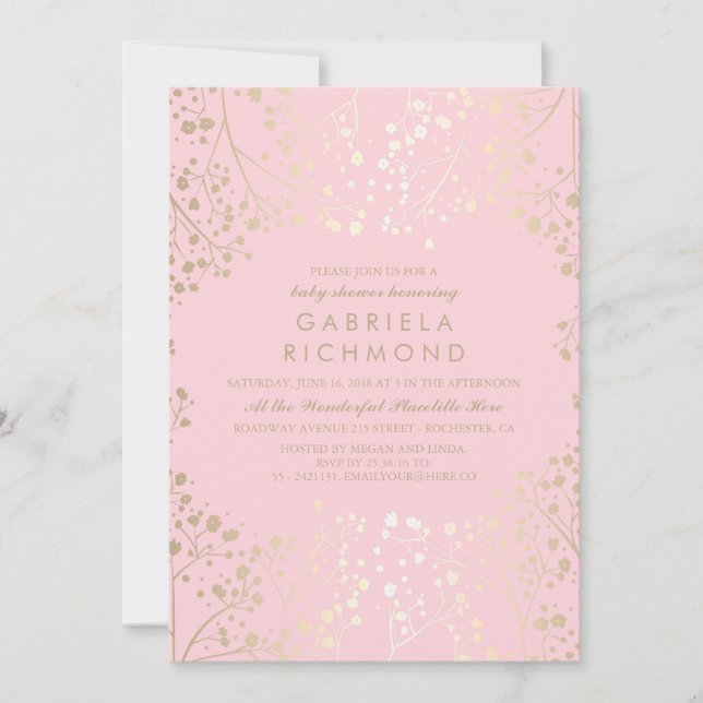 Gold Gipskraut Elegante Rosa Babydusche Einladung (Vorderseite)