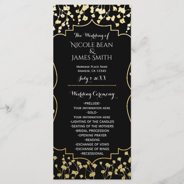 Gold Gipskraut Floral Black Wedding Program Programm (Vorderseite)
