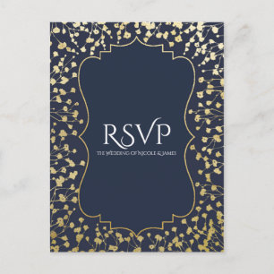 Gold Gipskraut Floral Blue Wedding RSVP Einladungspostkarte