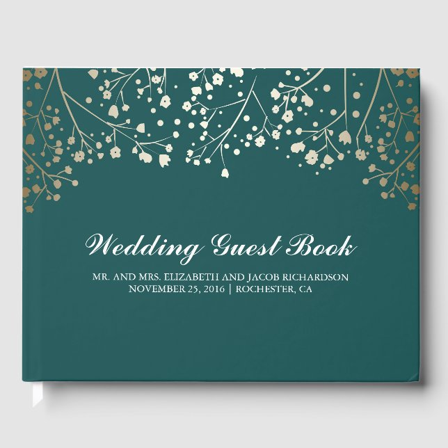 Gold Gipskraut Floral Elegante Aquamarine Hochzeit Gästebuch (Vorderseite)