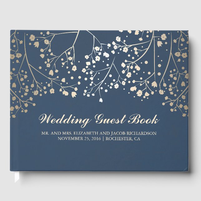 Gold Gipskraut Floral Elegante Hochzeit der Marine Gästebuch (Vorderseite)