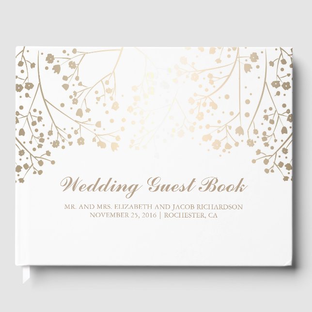 Gold Gipskraut Floral Weiße Hochzeit Gästebuch (Vorderseite)