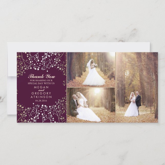 Gold Gipskraut Plum Wedding Foto Vielen Dank Dankeskarte (Vorderseite)