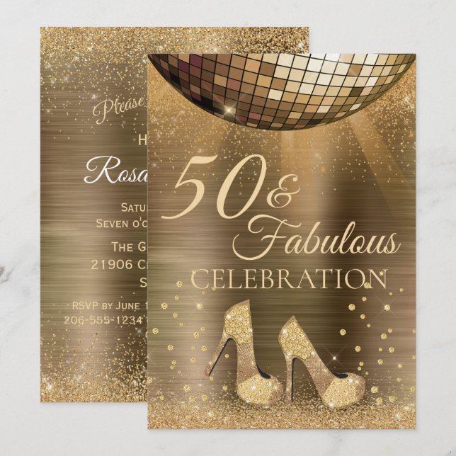 Gold Glam 50 und fabelhafte Disco Ball Chocolate Einladung (Vorne/Hinten)