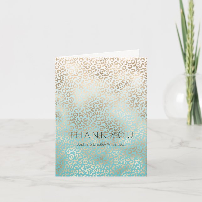 Gold Glam Aqua Ombre Leopard Print Vielen Dank Dankeskarte (Vorderseite)