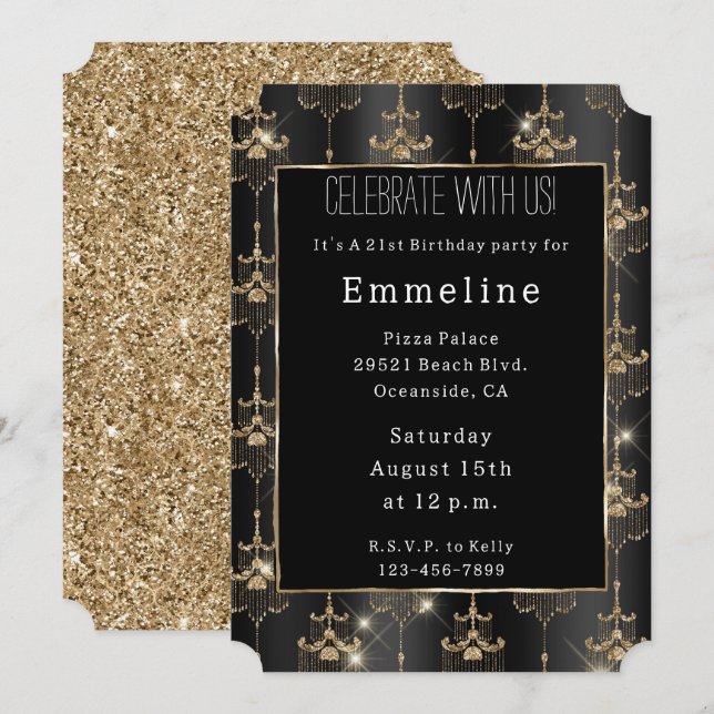 Gold Glam Black Chandeliers Einladung (Vorne/Hinten)