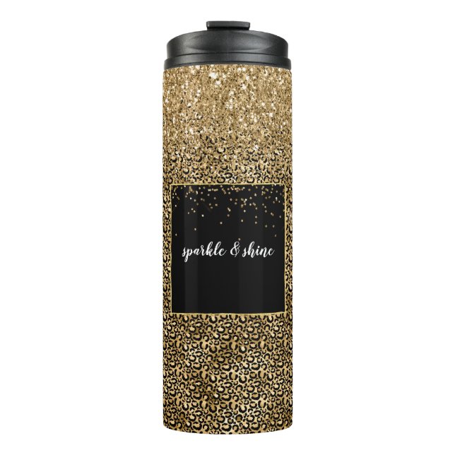 Gold Glam Black Leopard Print Imitat Glitzer Thermosbecher (Vorderseite)