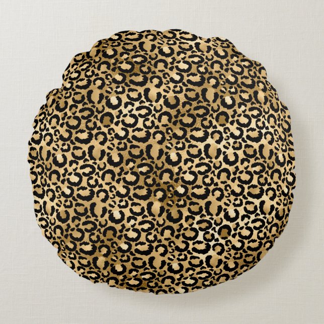 Gold Glam Black Leopard Print Rundes Kissen (Vorderseite)