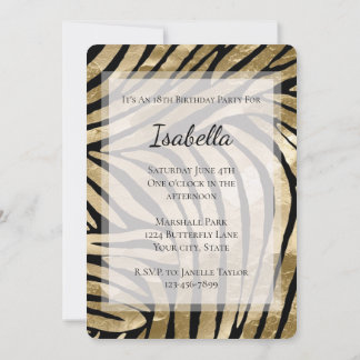 Gold Glam Black Zebra Birthday Einladung