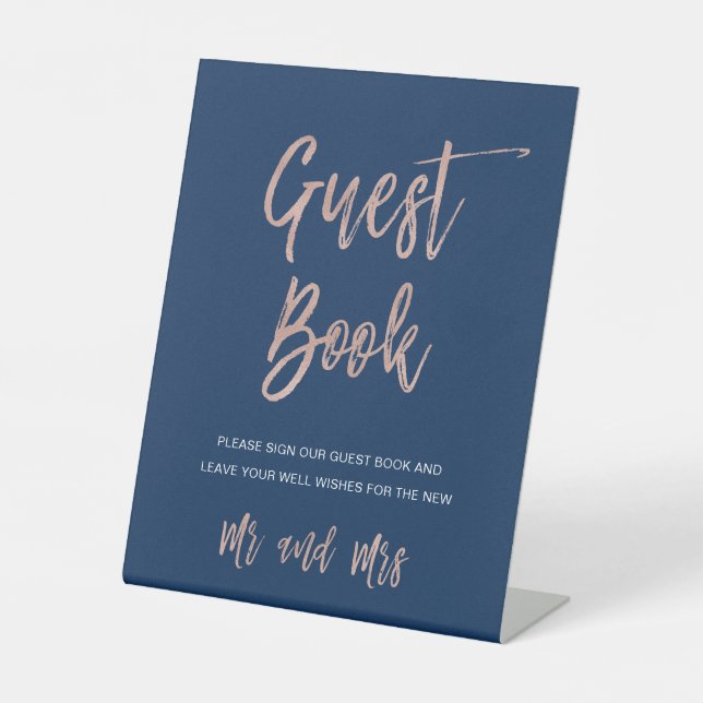 Gold Glam Chic Wedding Guest Book Sign für Navy &  Sockelschild (Vorderseite)