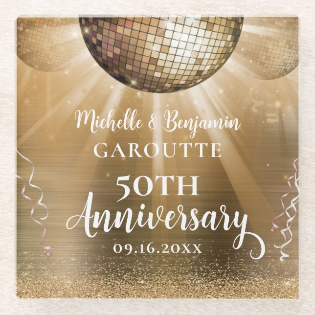 Gold Glam Disco Ball 50 Jahre Hochzeit Glasuntersetzer (Vorderseite)
