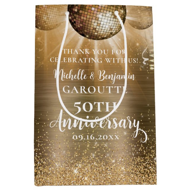 Gold Glam Disco Ball 50 Jahre Hochzeit Mittlere Geschenktüte (Vorderseite)