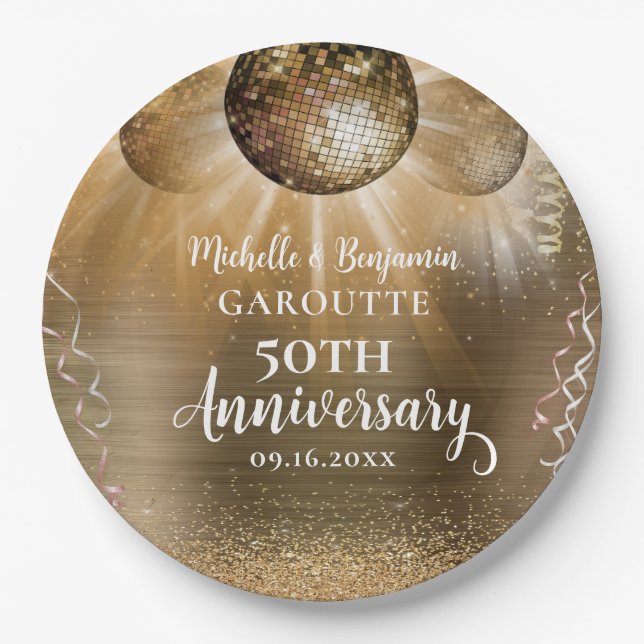 Gold Glam Disco Ball 50 Jahre Hochzeit Pappteller (Vorderseite)