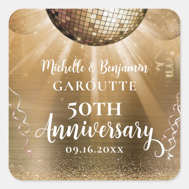 Gold Glam Disco Ball 50 Jahre Hochzeit Quadratischer Aufkleber (Vorderseite)