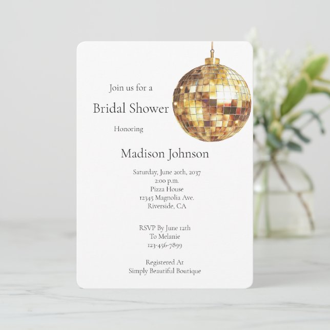 Gold Glam Disco Ball Bridal Shower Einladung (Stehend Vorderseite)