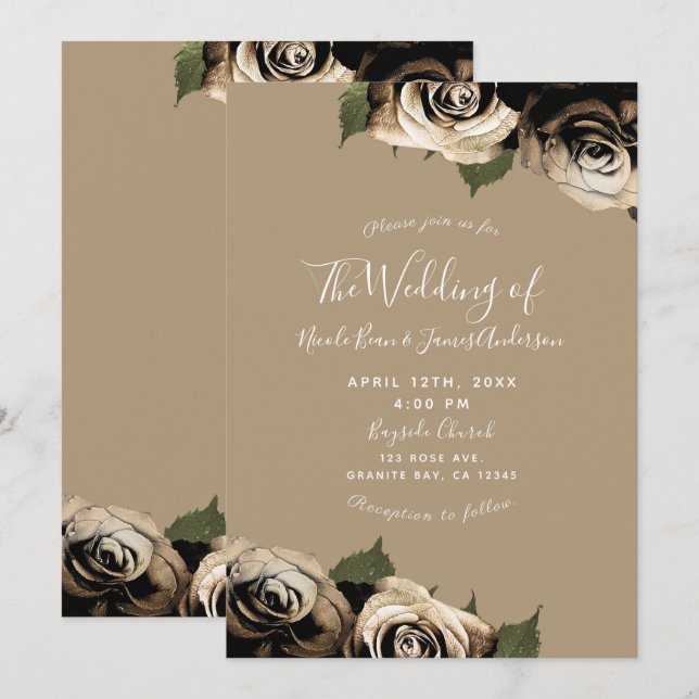 Gold Glam Floral Rose Elegantes Tan Wedding Einladung (Vorne/Hinten)